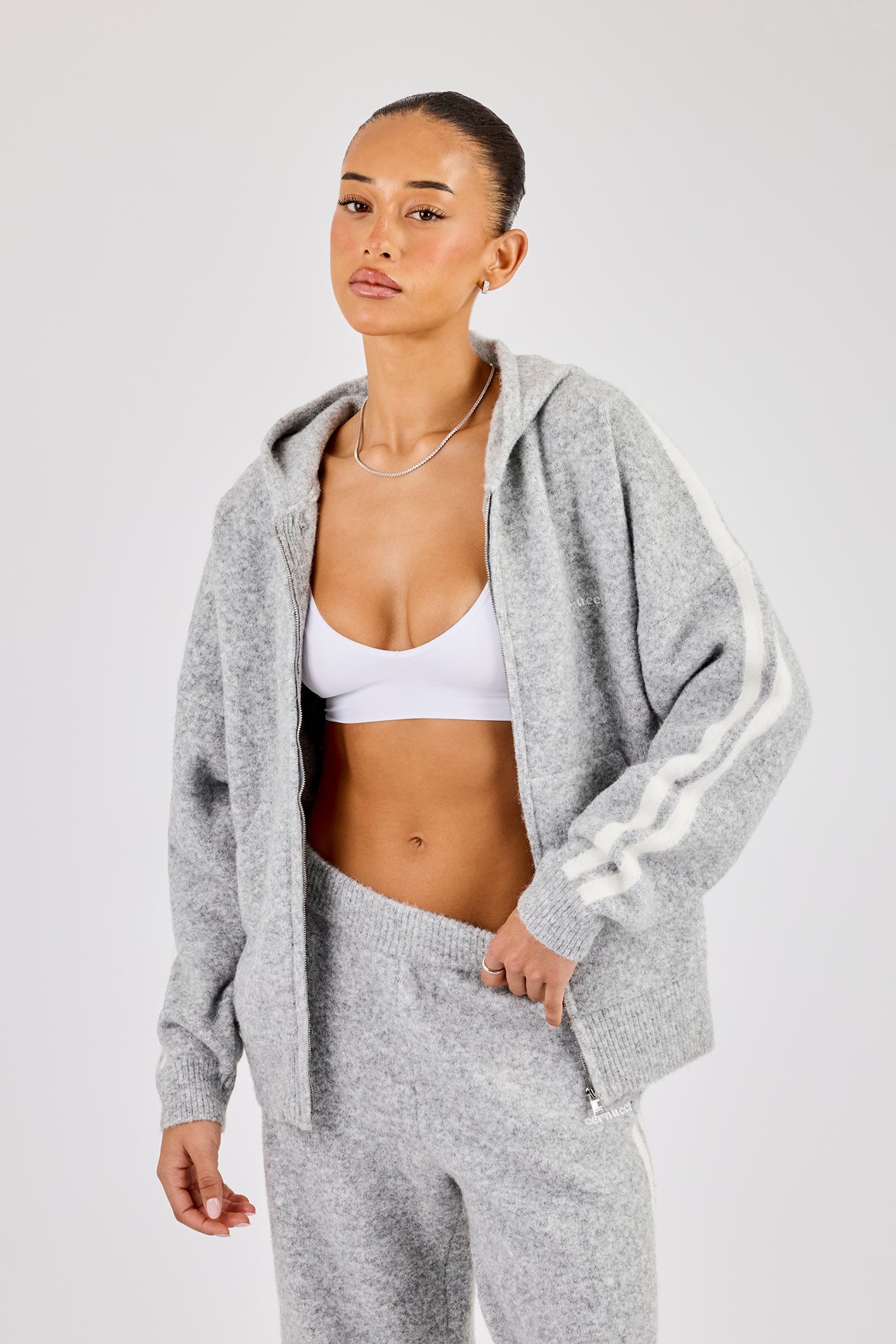 Oversized Knitted Stripe Zip Through - Grey